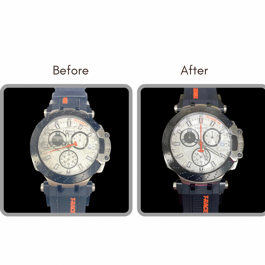 BEFORE AND AFTER - Crystal Replacement, Ultrasonic Cleaning and Battery Service for Tissot T115417