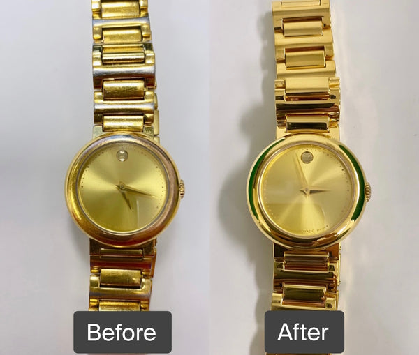 BEFORE AND AFTER Battery service and replating for Movado 23.3.21.1