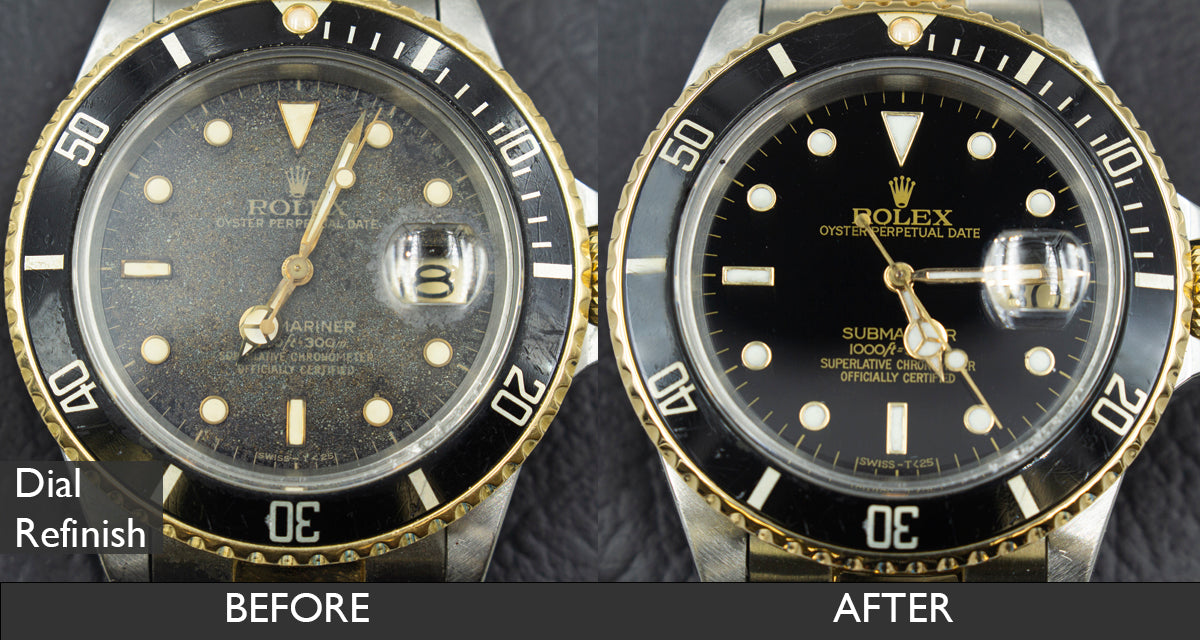 BEFORE AND AFTER DIAL REFINISH FOR ROLEX OYSTER SUBMARINER 16613 OYSTE before-and-after-dial-refinish-for-rolex-oyster-submariner-16613-oyste