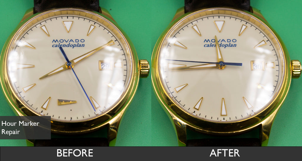 Before and After Hour Mark Repair for Movado Heritage Series Calendoplan watch 06-29-2021