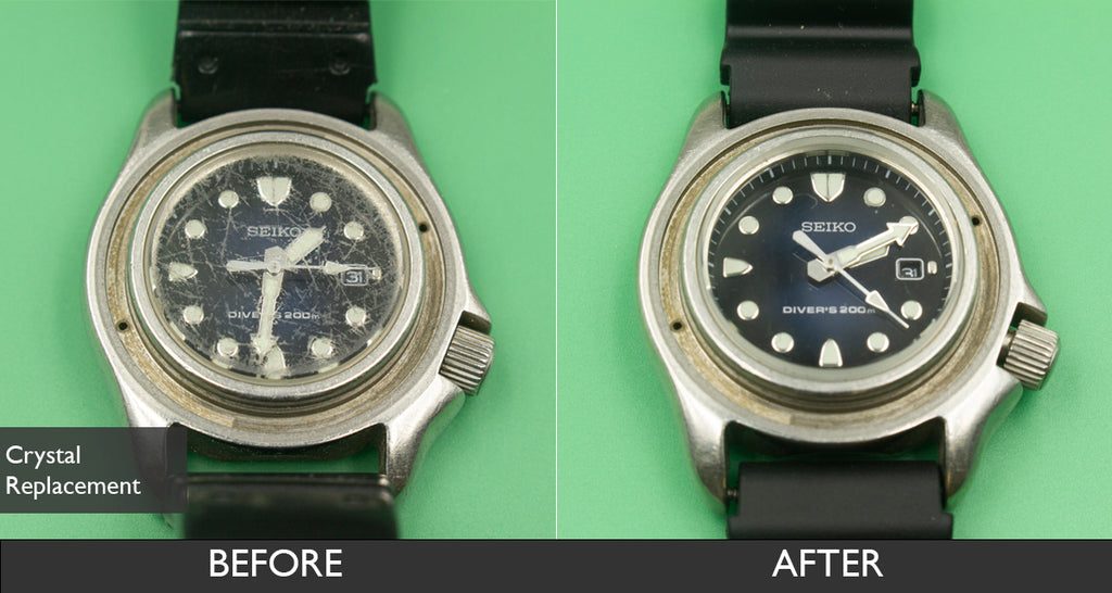 Before and After Watch Crystal Replacement for Seiko Divers 200m Divers Women's Watch 06-29-2021