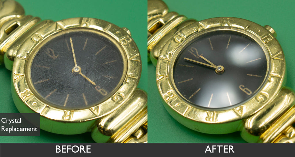 Before and After Watch Crystal Replacement for Bvlgari 18K Yellow Gold-Black Dial Women's Watch 07-16-2021