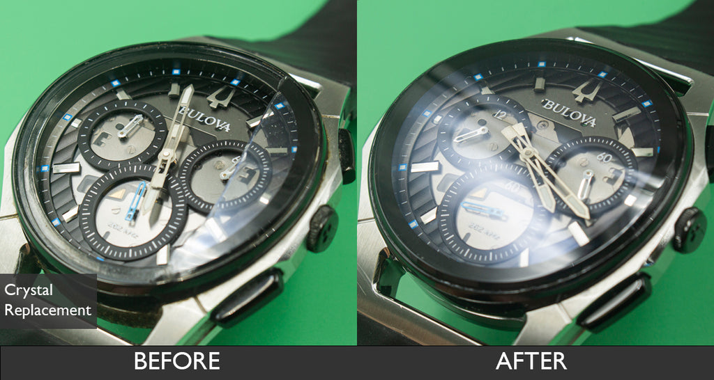 BEFORE AND AFTER WATCH CRYSTAL REPLACEMENT FOR BULOVA MEN'S CURV CHRONOGRAPH WATCH 07-22-2021