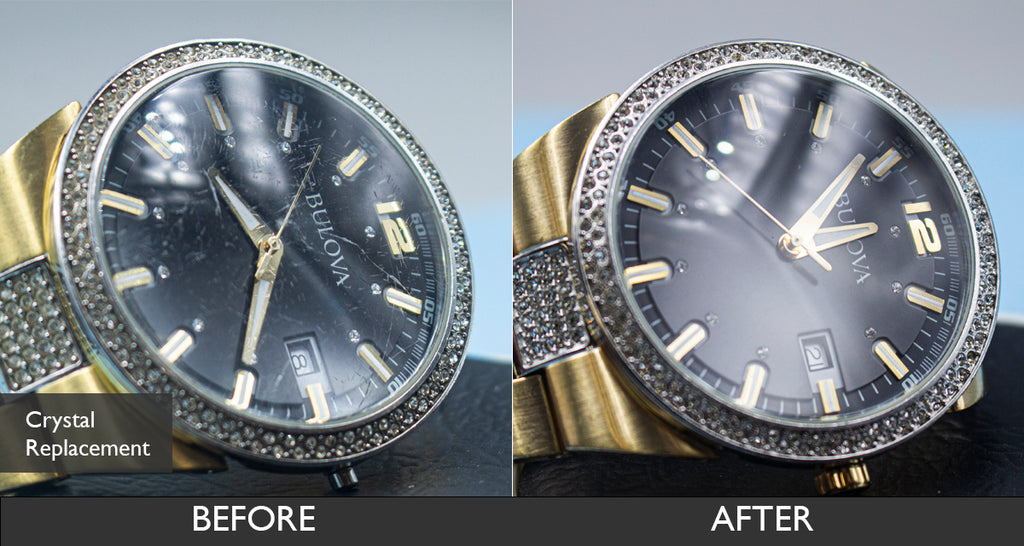 Before and After Watch Crystal Replacement for Men's Bulova Crystal Gold And Black Steel Link Display Watch 06-18-2021