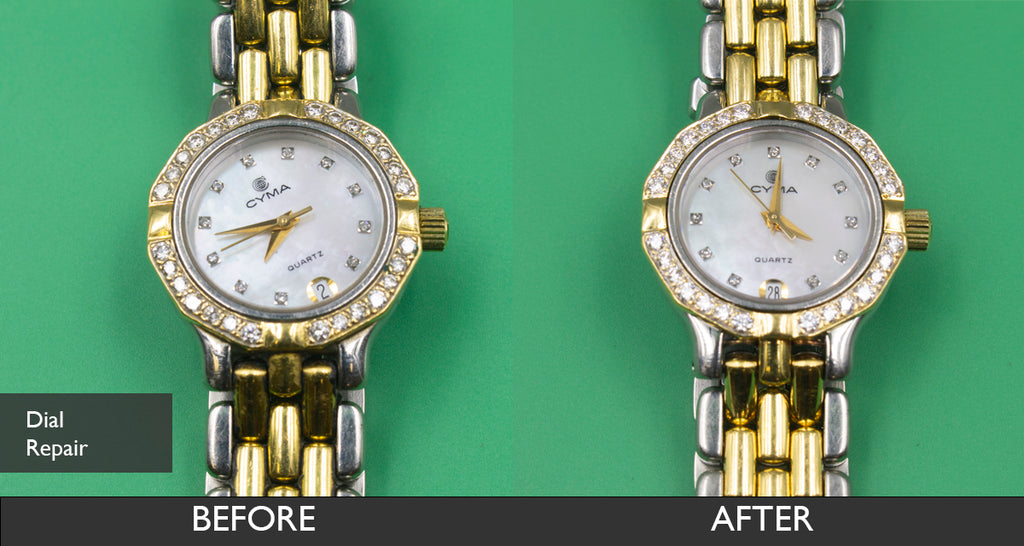 Before and After Watch Dial Repair Cyma Quartz Swiss Watch 06-26-2021