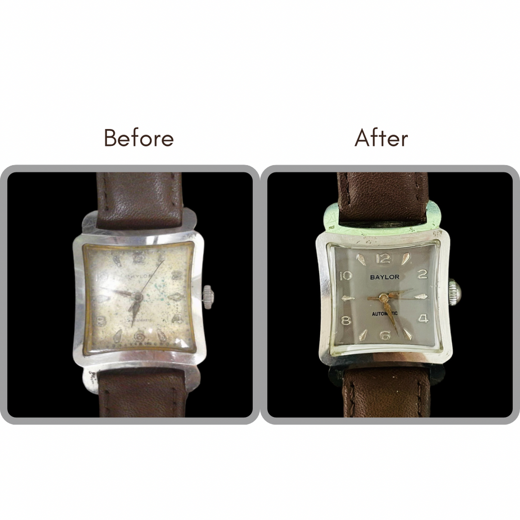 BEFORE AND AFTER - Overhaul Service, Dial Refinish, and Crystal Replacement for Baylor 1634