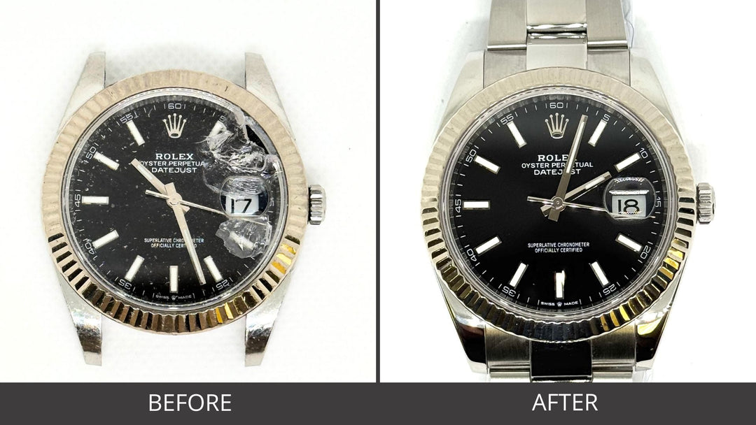 BEFORE AND AFTER - Crystal Replacement, Polishing, Restoration & Water Resistance Testing for Rolex 126334