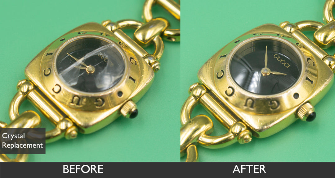 BEFORE AND AFTER WATCH CRYSTAL REPLACEMENT FOR GUCCI HORSEBIT GOLD PLATED WATCH 07-27-2021