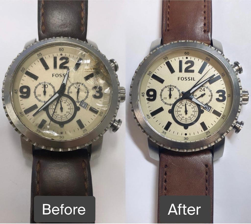 BEFORE AND AFTER Crystal Battery Service Band Replacement for Foss Total Watch Repair