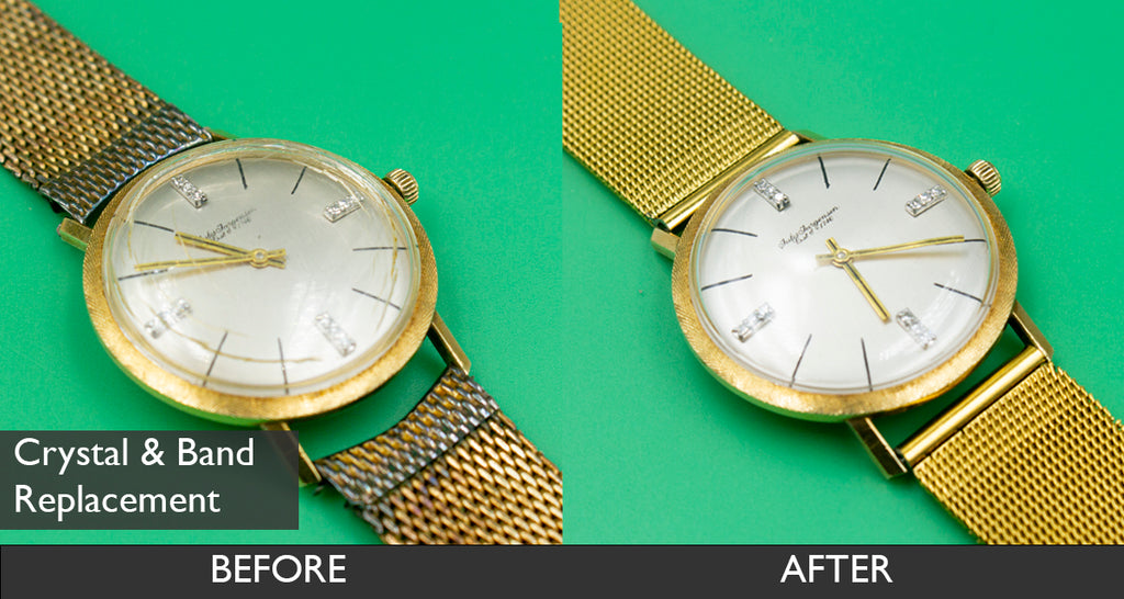 BEFORE AND AFTER CRYSTAL AND BAND REPLACEMENT FOR VINTAGE JULES JURGENSEN 14K MEN'S WATCH 08-02-2021
