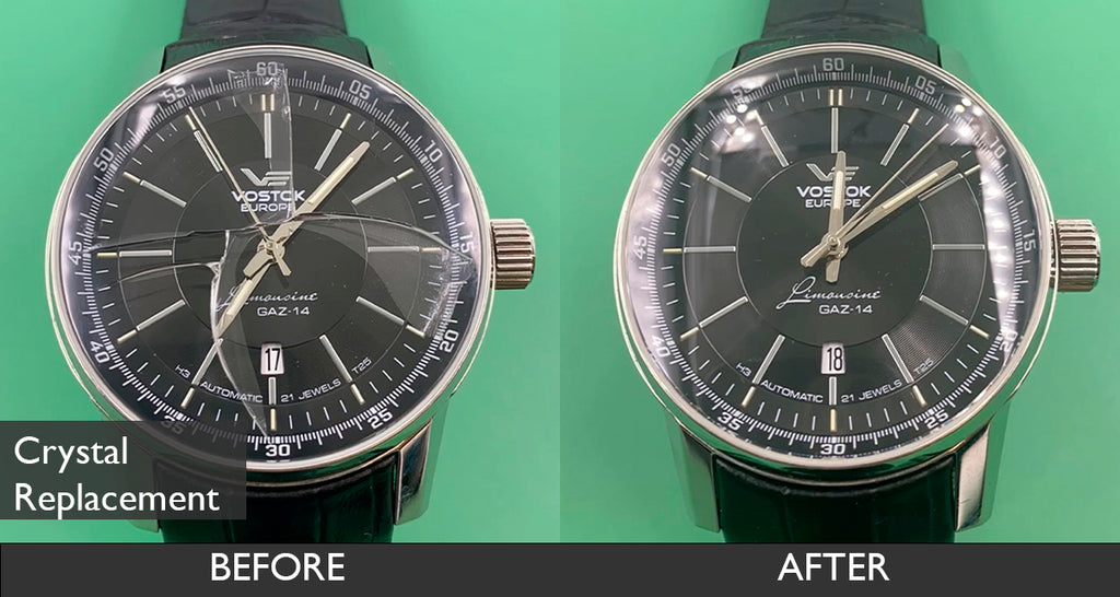 BEFORE AND AFTER CRYSTAL REPLACEMENT FOR VOSTOK-EUROPE GAZ 14 LIMOUSINE BLACK WATCH 08-07-2021