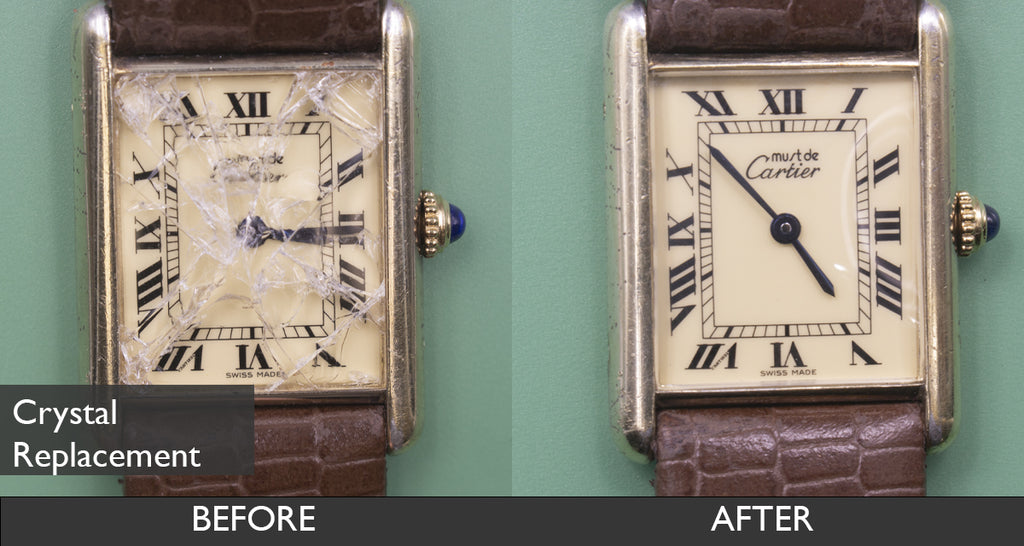 Before and After Crystal replacement for Tank Louis Cartier Yellow