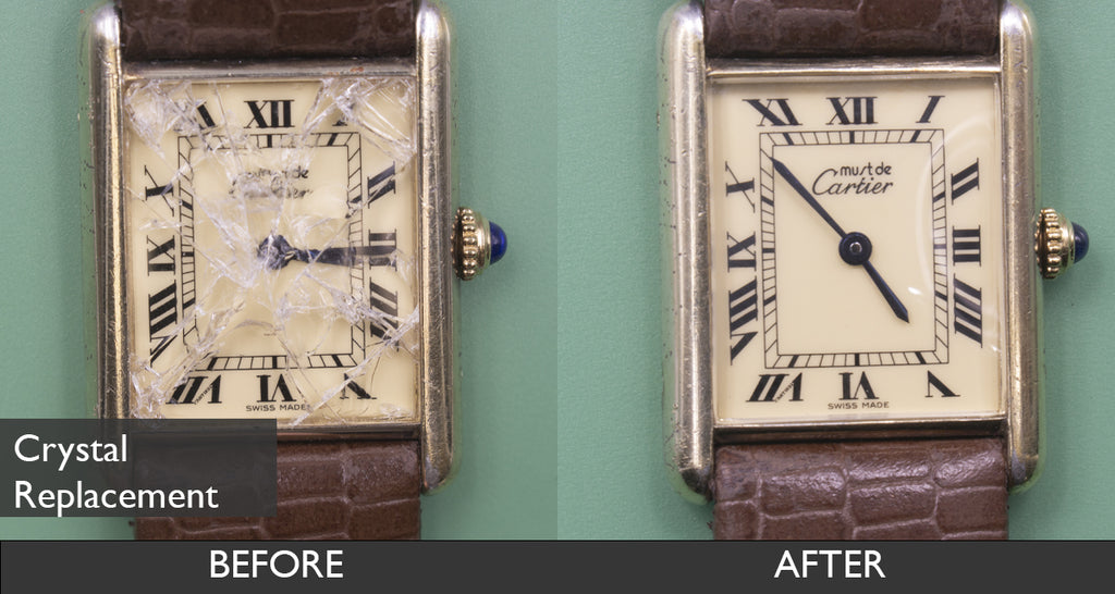 Before and After Crystal replacement for Tank Louis Cartier Yellow Gold Quartz Watch 08-17-2021