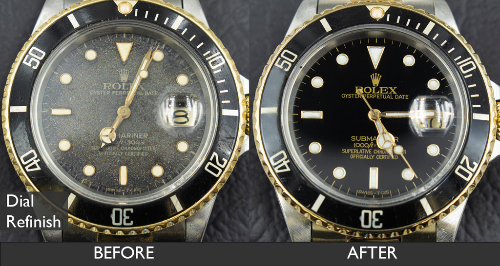 BEFORE AND AFTER DIAL REFINISH FOR ROLEX OYSTER SUBMARINER 16613 OYSTER WATCH  08-03-2021