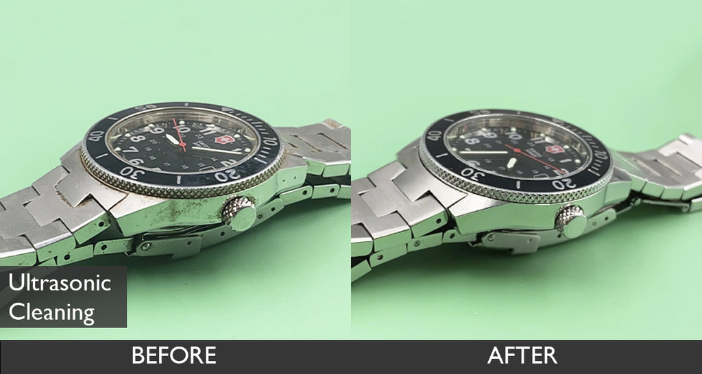 Before and After Ultrasonic Cleaning for Victorinox Swiss Army Lancer 100, Black Dial  24294 Watch 08-17-2021