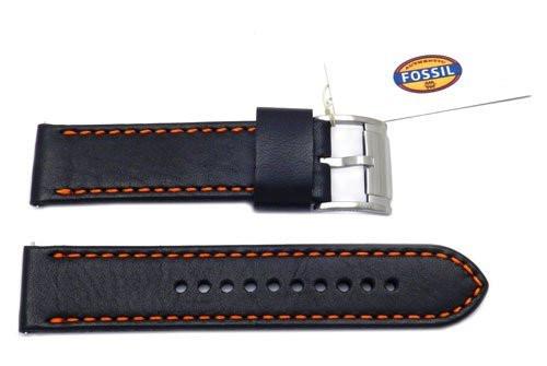 Fossil Black Genuine Smooth Leather 22mm Watch Band With Orange Stitching