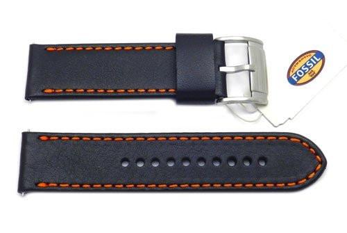 Fossil Black Genuine Smooth Leather 24mm Watch Band With Orange Stitching