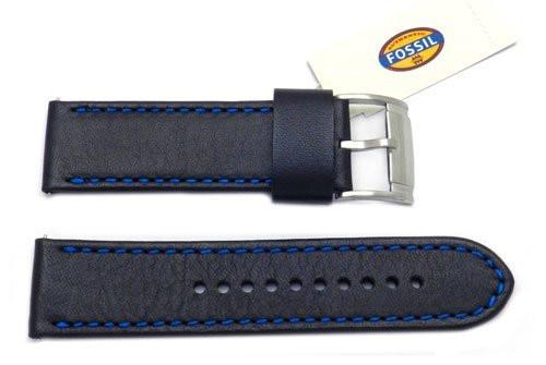 Fossil Black Genuine Smooth Leather 24mm Watch Band With Blue Stitching