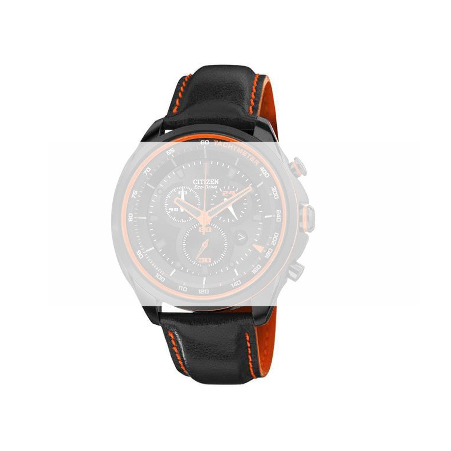 CITIZEN BLACK 22MM LEATHER WITH ORANGE STITCHING WATCH STRAP