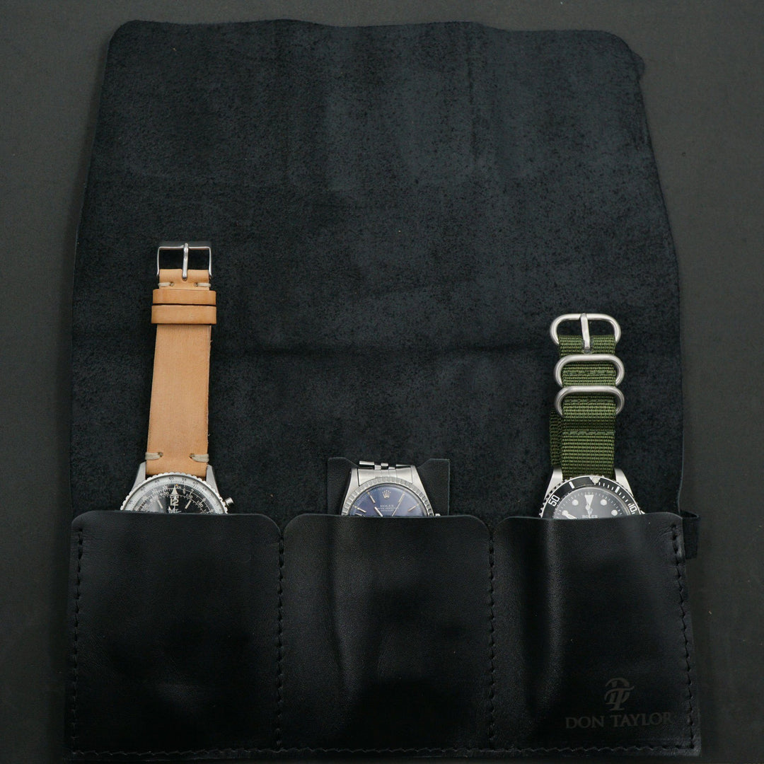 Smooth Black Leather Watch Roll for 3 watches image