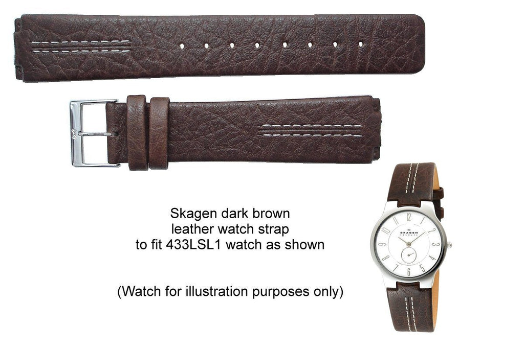 Genuine Skagen Dark Brown Textured Leather 20mm Watch Strap Screws Total Watch Repair 433LSL1SC